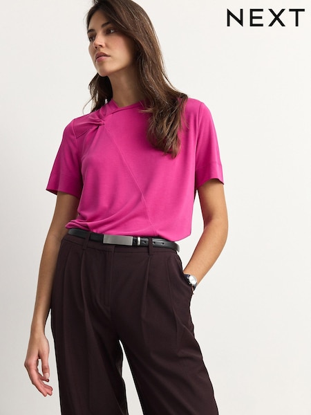 ורוד - Twist Detail Premium Polymodal T-Shirt (E63246) | ‏87‏₪