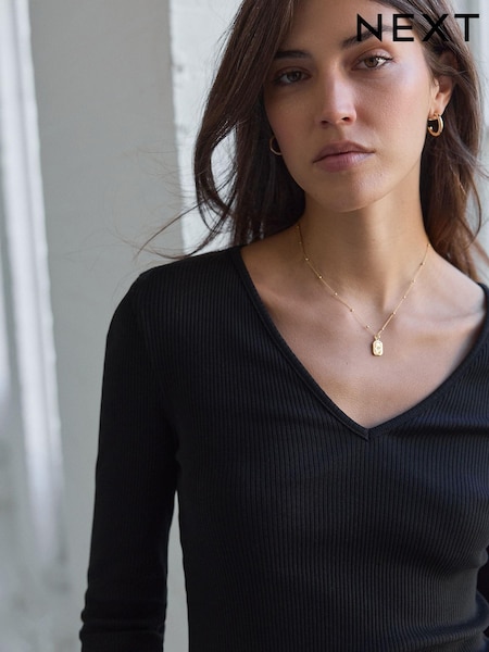 Schwarz - Long Sleeve Ribbed V-Neck Top (E63251) | 13 €