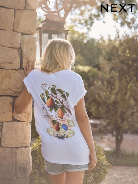 Ecru White Oversized Fruit Graphic Print Embroidered Short Sleeved 100% Cotton T-Shirt (E63255) | €12
