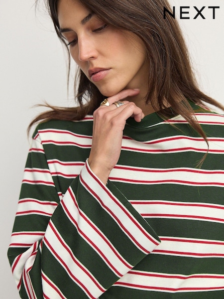 Red/Green 100% Cotton Long Sleeve Stripe T-Shirt (E63275) | €16