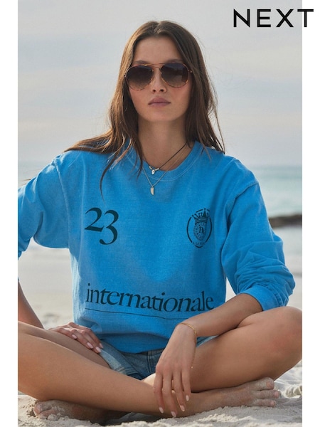 Синий - Sporty Football-Inspire Long Sleeve Graphic 100% Cotton T-Shirt (E63276) | €28