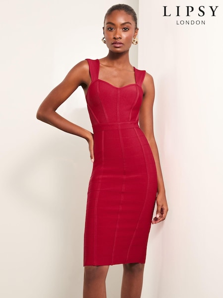 Lipsy Red Mesh Detail Corset Bandage Midi Dress (E63283) | 152 QAR