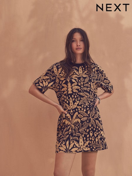Palm Tree Print Black/Brown - 100% Cotton T-shirt Dress (E63288) | 19 €