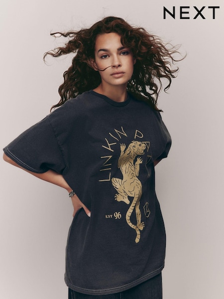 Hiilenharmaa - Oversized 100% Cotton License Linkin Park Band Graphic Washed Short Sleeve T-Shirt (E63302) | €39