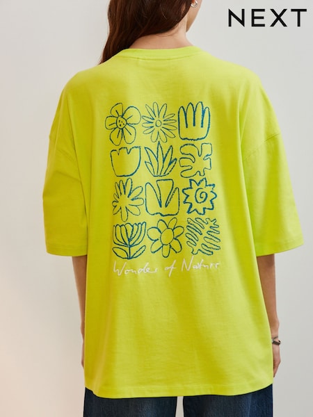 Green Pure 100% Cotton Abstract Floral Print Back Graphic Short Sleeve T-Shirt (E63303) | €16