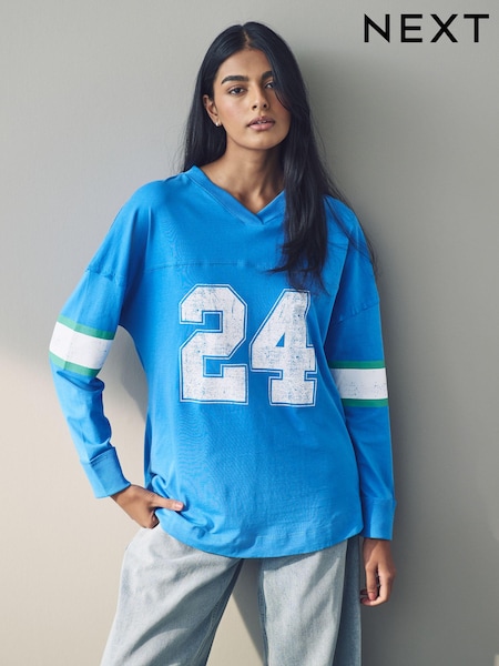 Blue Number Print Football Varsity V-Neck Long Sleeve 100% Cotton T-Shirt (E63304) | €21