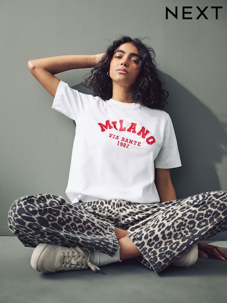 White Milano City Graphic Heavyweight Short Sleeve Crew Neck T-Shirt (E63306) | INR 2,214