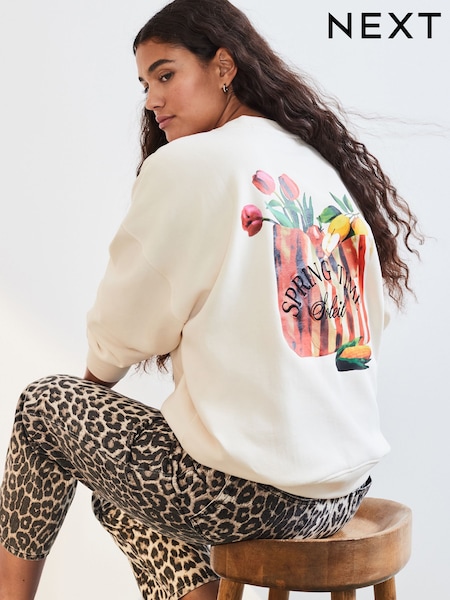 Ecru Back Graphic Shopping Bag Crew Neck Sweatshirt (E63316) | €20