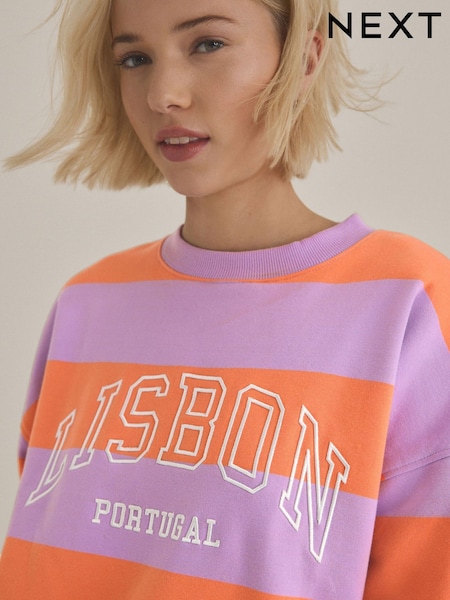 Pink Relaxed Fit Heavyweight City Graphic Stripe Crew Neck Sweatshirt (E63317) | EGP2,280