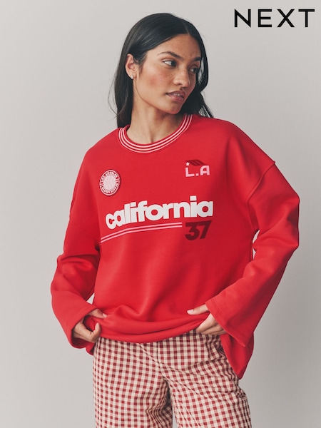 Red/Pink Longline Wide Sleeve Graphic Crew Neck Football Jersey Sweatshirt (E63324) | €21
