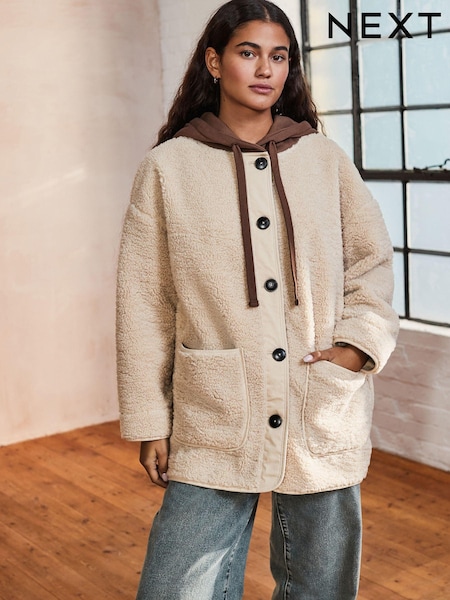 Režná - Borg Fleece Button Down Jacket With Jersey Hood (E63329) | 2 205 Kč