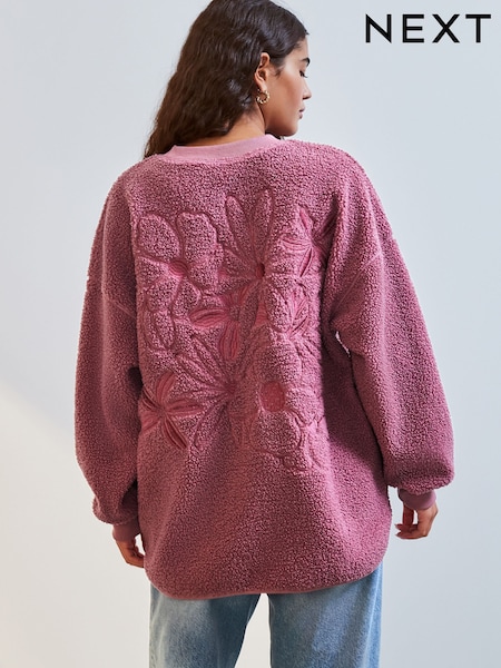 Blush Pink Floral Graphic Print Relaxed Fit Teddy Borg Fleece Cord Back Longline Crew Neck Sweatshirt (E63331) | $46