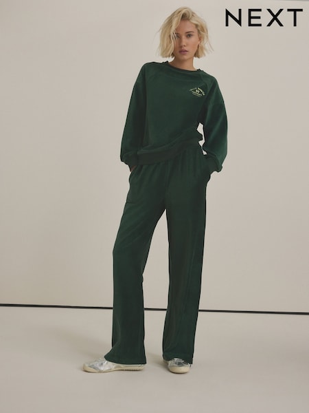 Forest Green Micro Corduroy Velvet Touch Graphic Wide Leg Joggers (E63344) | R$ 280