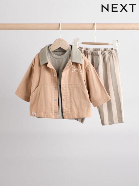 Neutral Stripe 100% Cotton Baby Shirt and Trousers Set 3 Piece (0mths-2yrs) (E63363) | €36 - €39