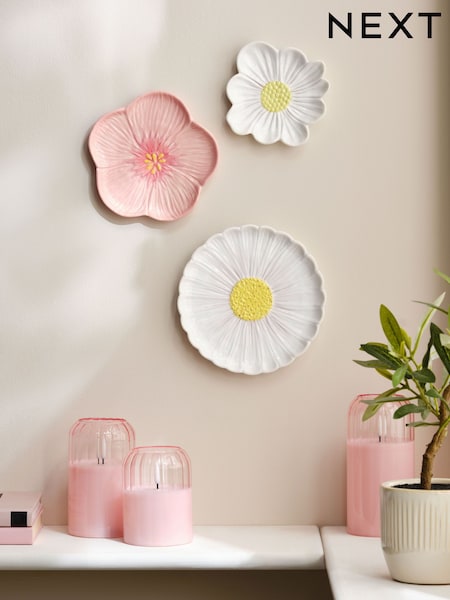 Set of 3 White Ceramic Flower Wall Art (E63364) | €33