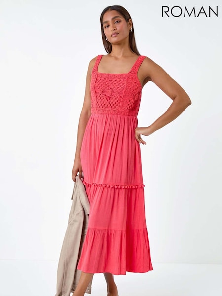 Roman Red Crochet Detail Cotton Blend Maxi Dress (E63519) | €64