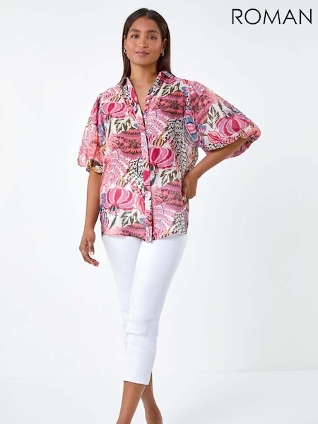 Roman Pink Floral Leaf Print Puff Sleeve Shirt (E63528) | AED255