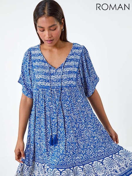 Roman Border Print Frill Hem Smock Dress (E63541) | 219 LEI