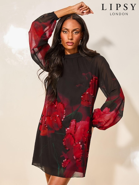 Lipsy Red Print Long Sleeve Hand Embellished Floral Mini Shift Dress (E63562) | 191 QAR