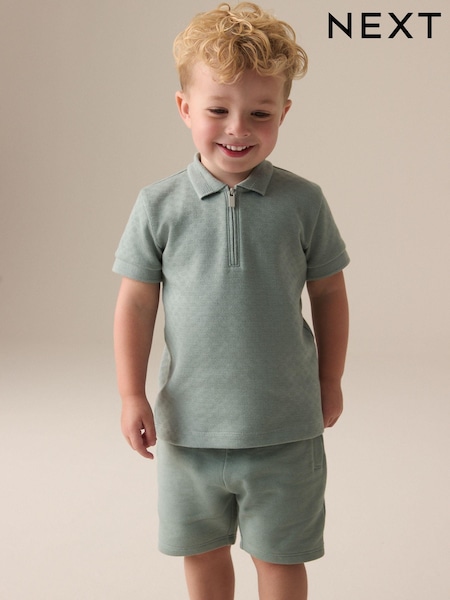 Sage Green Texture Short Sleeve Zip Neck Polo And Shorts Set (3mths-7yrs) (E63593) | 453 UAH - 618 UAH