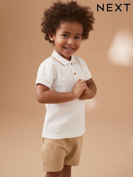 Tan/White Short Sleeve Textured Polo Shirt and Shorts Set (3mths-7yrs) (E63600) | €18 - €24