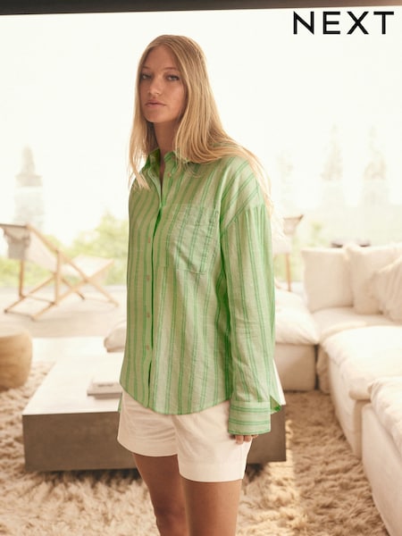 Green Stripe Long Sleeve Shirt With Linen (E63607) | 1,025 UAH