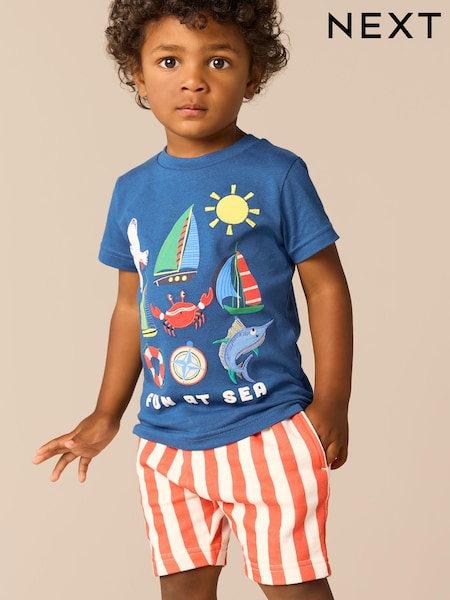 Blue Short Sleeve T-Shirt & Pattern Shorts Set (3mths-7yrs) (E63611) | SGD 28 - SGD 36