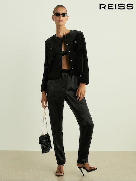 Reiss Black Elea Satin Elasticated Tapered Trousers (E63735) | $270