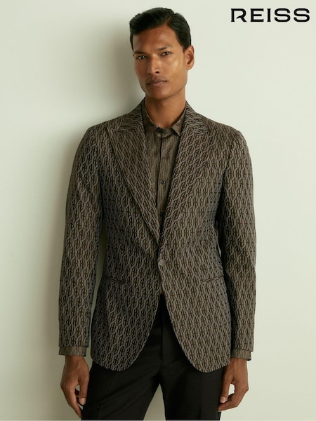 Reiss Chocolate Brown Delt Monogram-Jacquard Twill Blazer (E63741) | 2,190 QAR