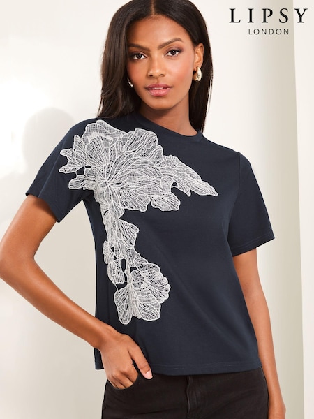Bleumarin albastru - Tricou Lipsy Gât Rotund Cu Detaliu De Dantela Floral (E63782) | 128 LEI
