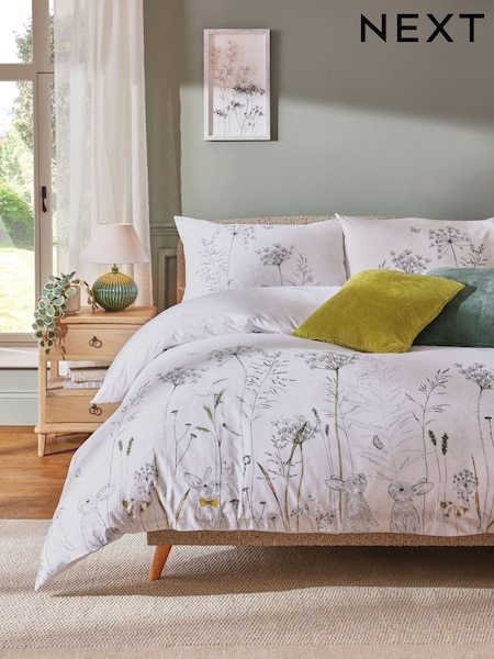 White Spring Floral Bunny 100% Cotton Duvet Cover and Pillowcase Set (E63814) | €26 - €66