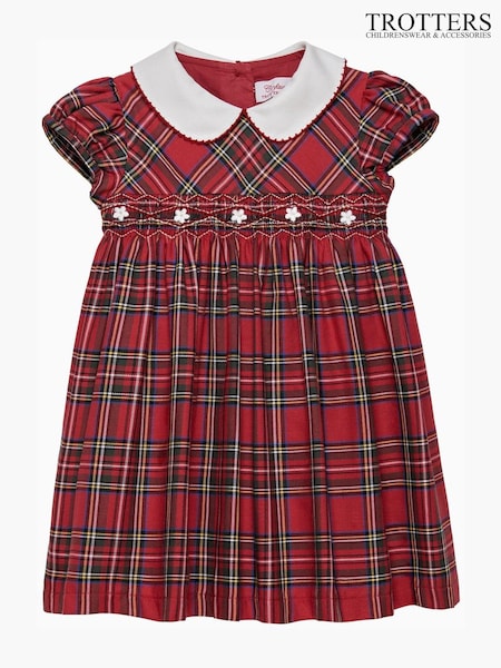 Trotters London Little Red Charlotte Tartan Smocked 100% Cotton Dress (E63817) | AED186
