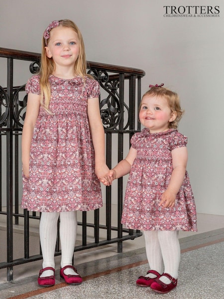 Trotters London Little Red Liberty Print Plum Strawberry Thief Smocked 100% Cotton Dress (E63840) | 333 LEI
