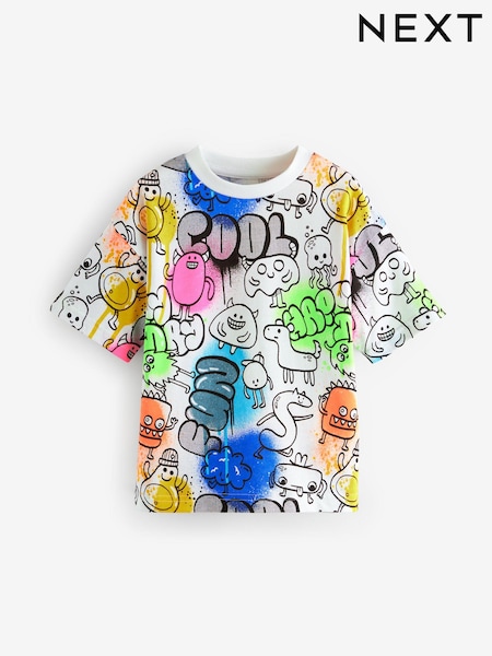 White Short Sleeve 100% Cotton Graffiti T-Shirt (3mths-7yrs) (E63900) | R$ 60 - R$ 80