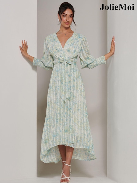 Jolie Moi Green V-Neck Tie Waist Puff Sleeve Maxi Dress (E64035) | €50