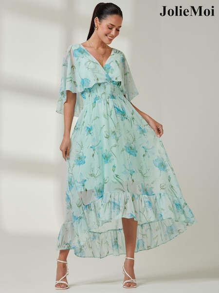 Jolie Moi Green Frill V-Neck Chiffon Maxi Dress (E64036) | €43