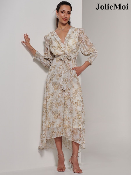 Jolie Moi Cream V-Neck Tie Waist Puff Sleeve Maxi Dress (E64038) | 391 QAR