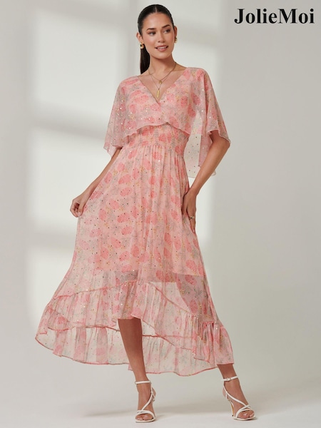 Jolie Moi Orange Frill V-Neck Chiffon Maxi Dress (E64039) | €43
