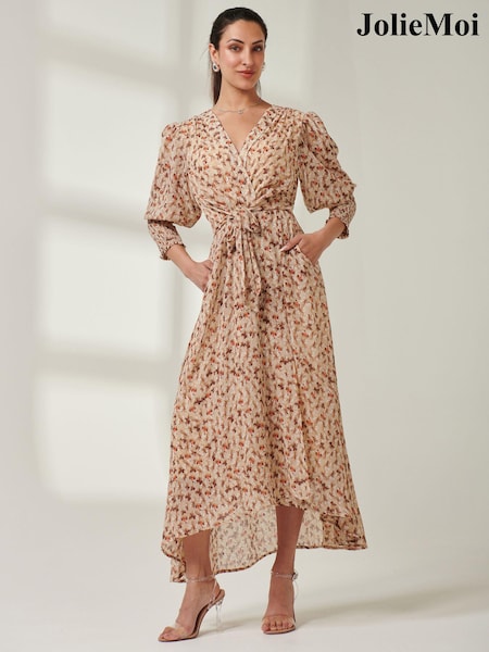 Jolie Moi V-Neck Tie Waist Puff Sleeve Maxi Dress (E64040) | 283 LEI