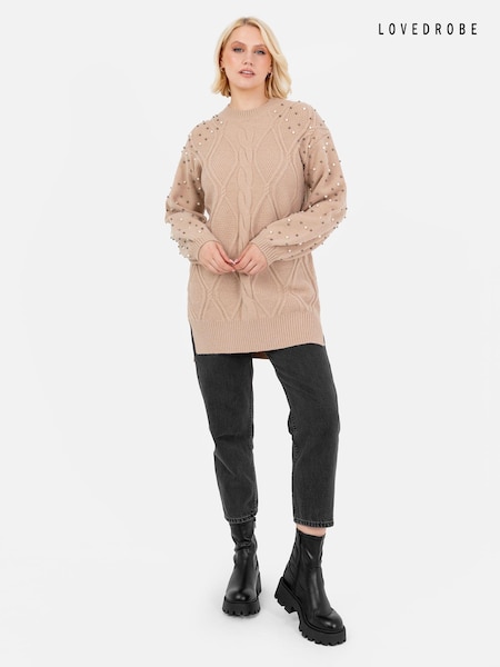Maro - lovedrobe Pulover lung din tricot cu cablu cu perle (E64069) | 196 LEI