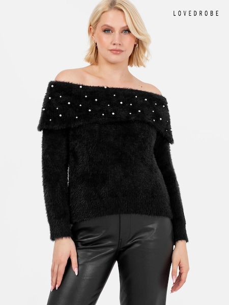 Negru - lovedrobe Pearl Detail Bardot Pulover Rochie (E64087) | 158 LEI