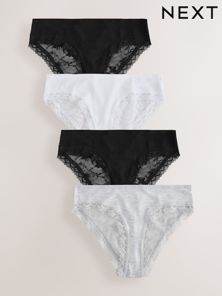 Black / White / Grey Marl High Leg Full Brief Modal Ultimate Comfort Lace Knickers 4 Pack (E64094) | R$ 155