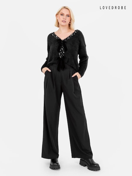 Schwarz - Lovedrobe Strickjacke mit Perlenbesatz und Samtschleifen (E64102) | 34 €