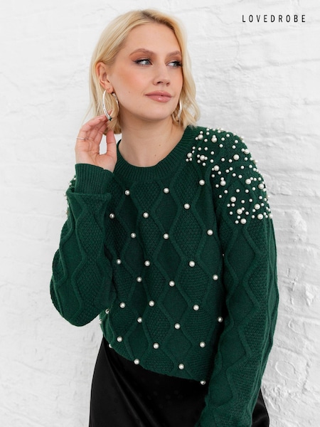Verde - lovedrobe Pulover din tricot cablu cu perle (E64108) | 229 LEI