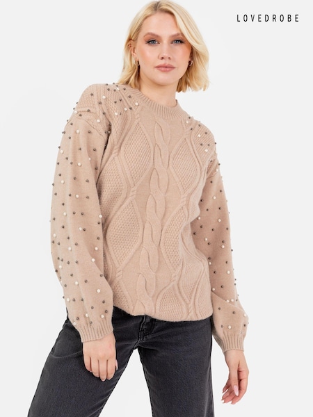 Maro - lovedrobe Pulover lung din tricot cu cablu cu perle (E64113) | 229 LEI