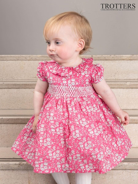 Trotters London Pink Little Liberty Print Capel Floral Smocked Party Dress (E64128) | €53