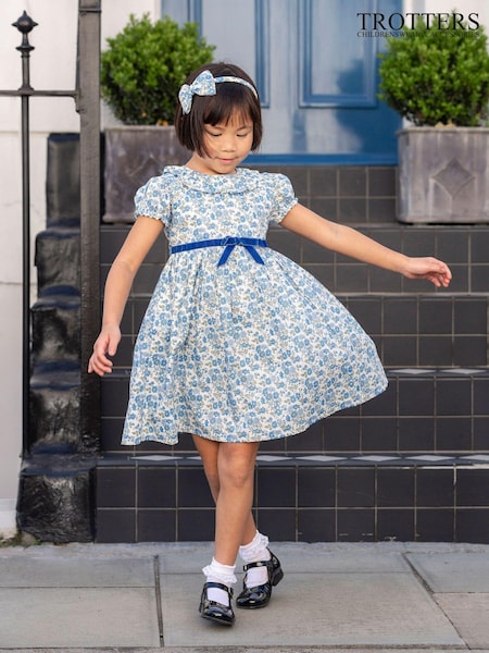 Trotters London Blue Liberty Print Floret Willow 100% Cotton Dress (E64133) | €54 - €56