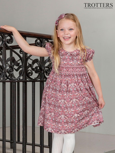 Trotters London Red Liberty Print Strawberry Thief Smocked 100% Cotton Dress (E64136) | 375 LEI - 401 LEI