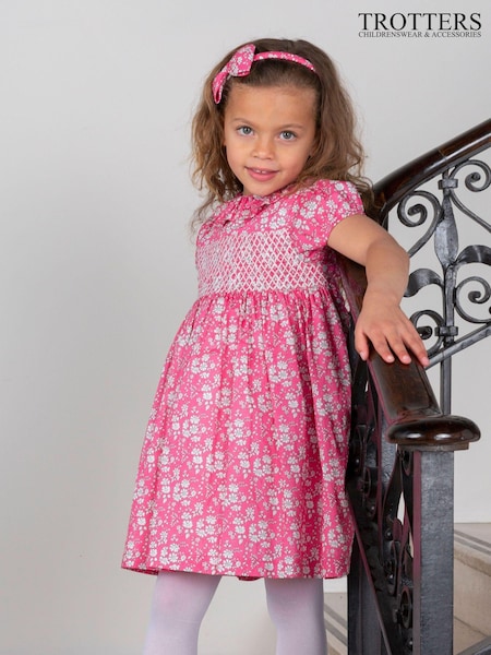 Trotters London Pink Liberty Print Capel Floral Smocked Party Dress (E64145) | 375 LEI - 401 LEI