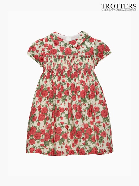 Trotters London Red Liberty Print Carline Rose Smocked Party Dress (E64174) | AED375 - AED407